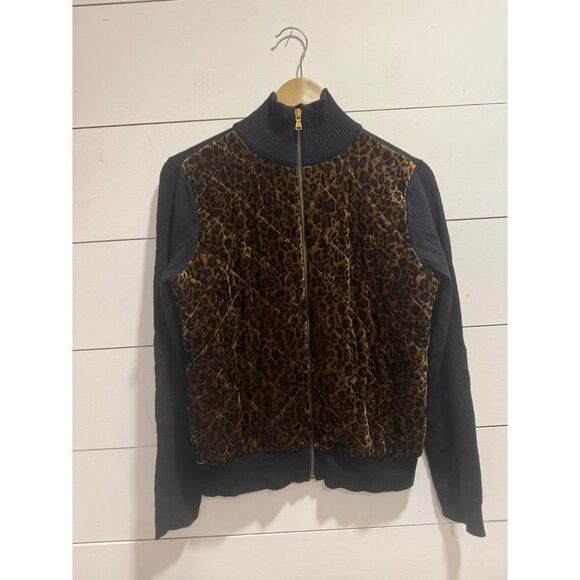 Lauren Ralph Lauren Quilted Leopard Print Velvet Zip Up Sweater/Jacket Silk/Wool - Picture 1 of 6